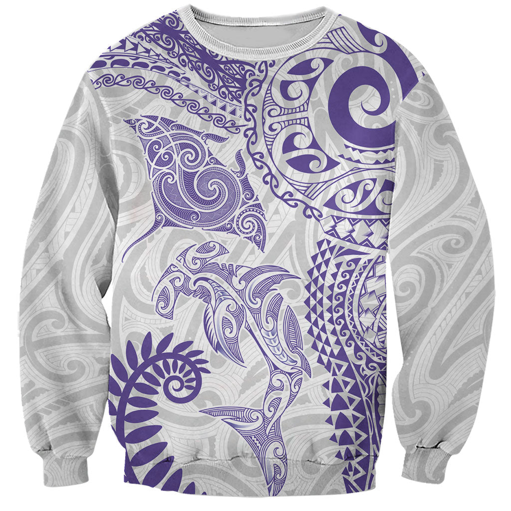 Aotearoa Maori Sea Animals Tribal Sweatshirt Manta Ray and Shark Moko Pattern Purple Color LT03 Unisex Purple - Polynesian Pride