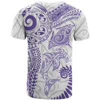 Aotearoa Maori Sea Animals Tribal T Shirt Manta Ray and Shark Moko Pattern Purple Color