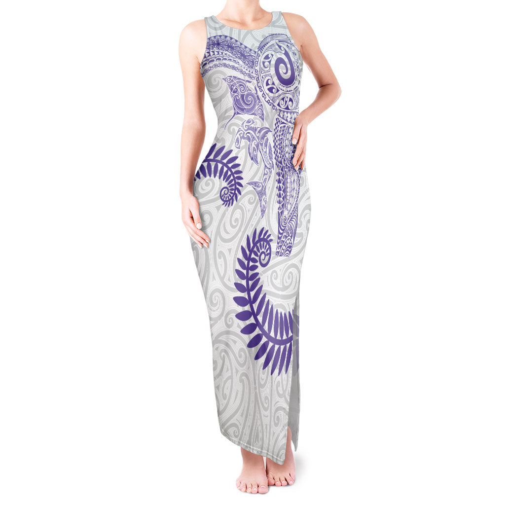 Aotearoa Maori Sea Animals Tribal Tank Maxi Dress Manta Ray and Shark Moko Pattern Purple Color
