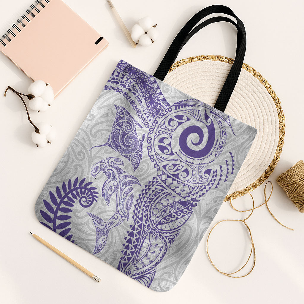 Aotearoa Maori Sea Animals Tribal Tote Bag Manta Ray and Shark Moko Pattern Purple Color LT03 Black Strap One Size Purple - Polynesian Pride