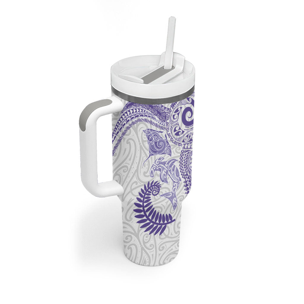 Aotearoa Maori Sea Animals Tribal Tumbler With Handle Manta Ray and Shark Moko Pattern Purple Color