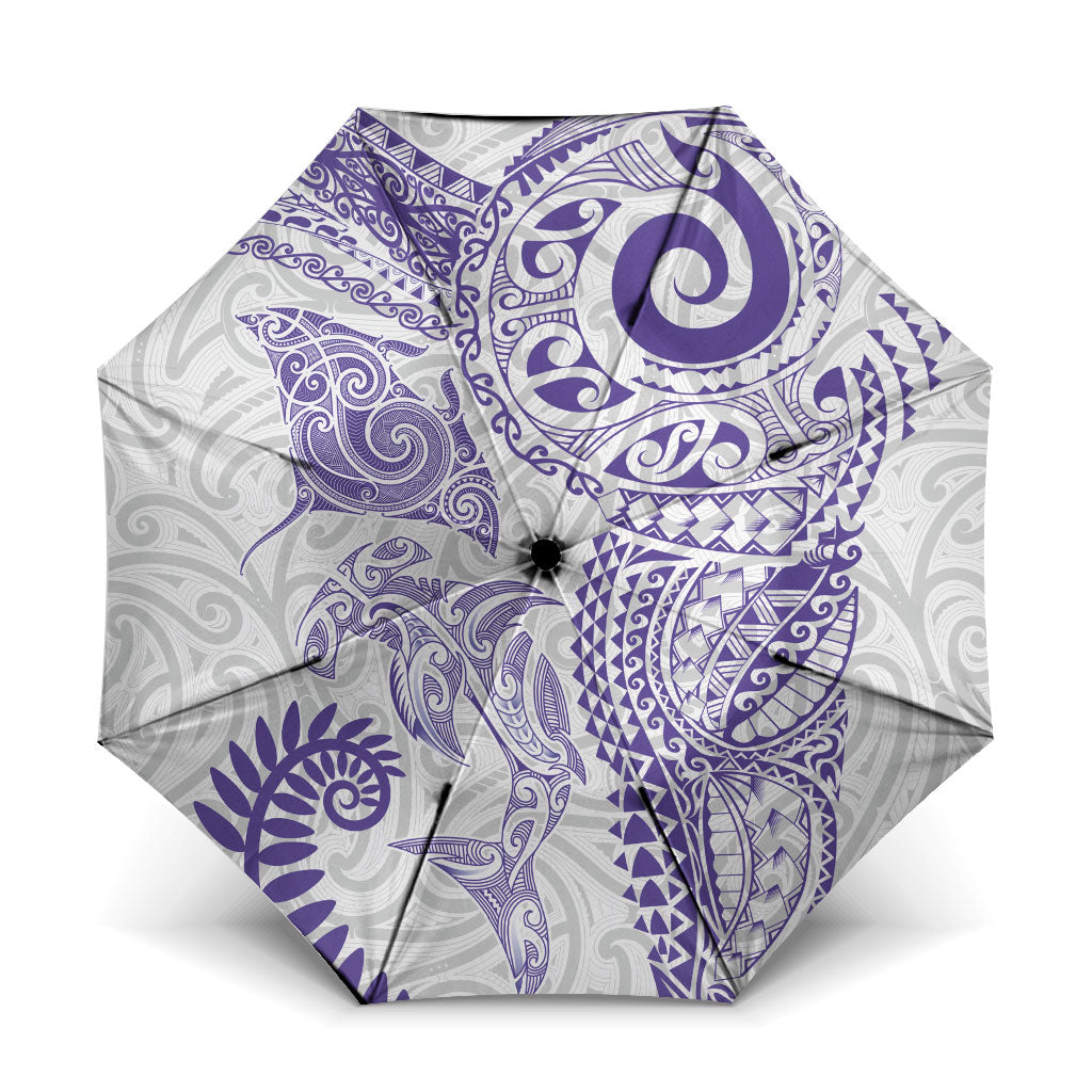 Aotearoa Maori Sea Animals Tribal Umbrella Manta Ray and Shark Moko Pattern Purple Color LT03 One Size Folded 11.42 inch Opened Diameter 37.4 inch Purple - Polynesian Pride