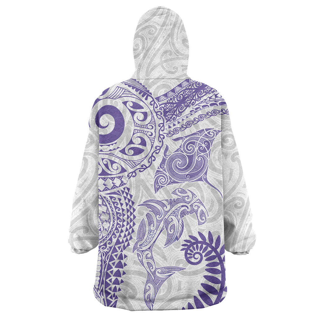 Aotearoa Maori Sea Animals Tribal Wearable Blanket Hoodie Manta Ray and Shark Moko Pattern Purple Color