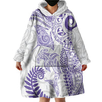 Aotearoa Maori Sea Animals Tribal Wearable Blanket Hoodie Manta Ray and Shark Moko Pattern Purple Color