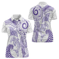 Aotearoa Maori Sea Animals Tribal Women Polo Shirt Manta Ray and Shark Moko Pattern Purple Color