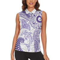 Aotearoa Maori Sea Animals Tribal Women Sleeveless Polo Shirt Manta Ray and Shark Moko Pattern Purple Color