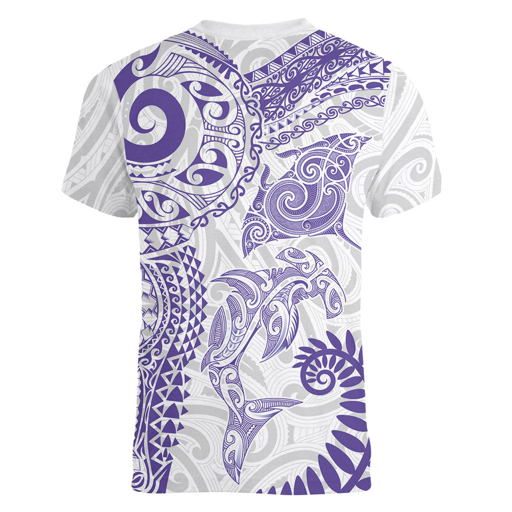 Aotearoa Maori Sea Animals Tribal Women V-Neck T-Shirt Manta Ray and Shark Moko Pattern Purple Color