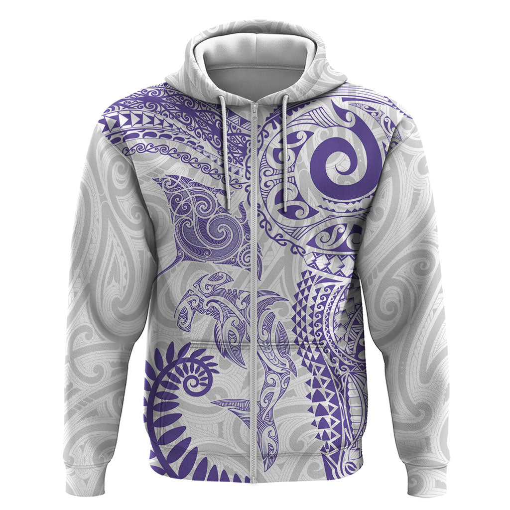 Aotearoa Maori Sea Animals Tribal Zip Hoodie Manta Ray and Shark Moko Pattern Purple Color LT03 Zip Hoodie Purple - Polynesian Pride