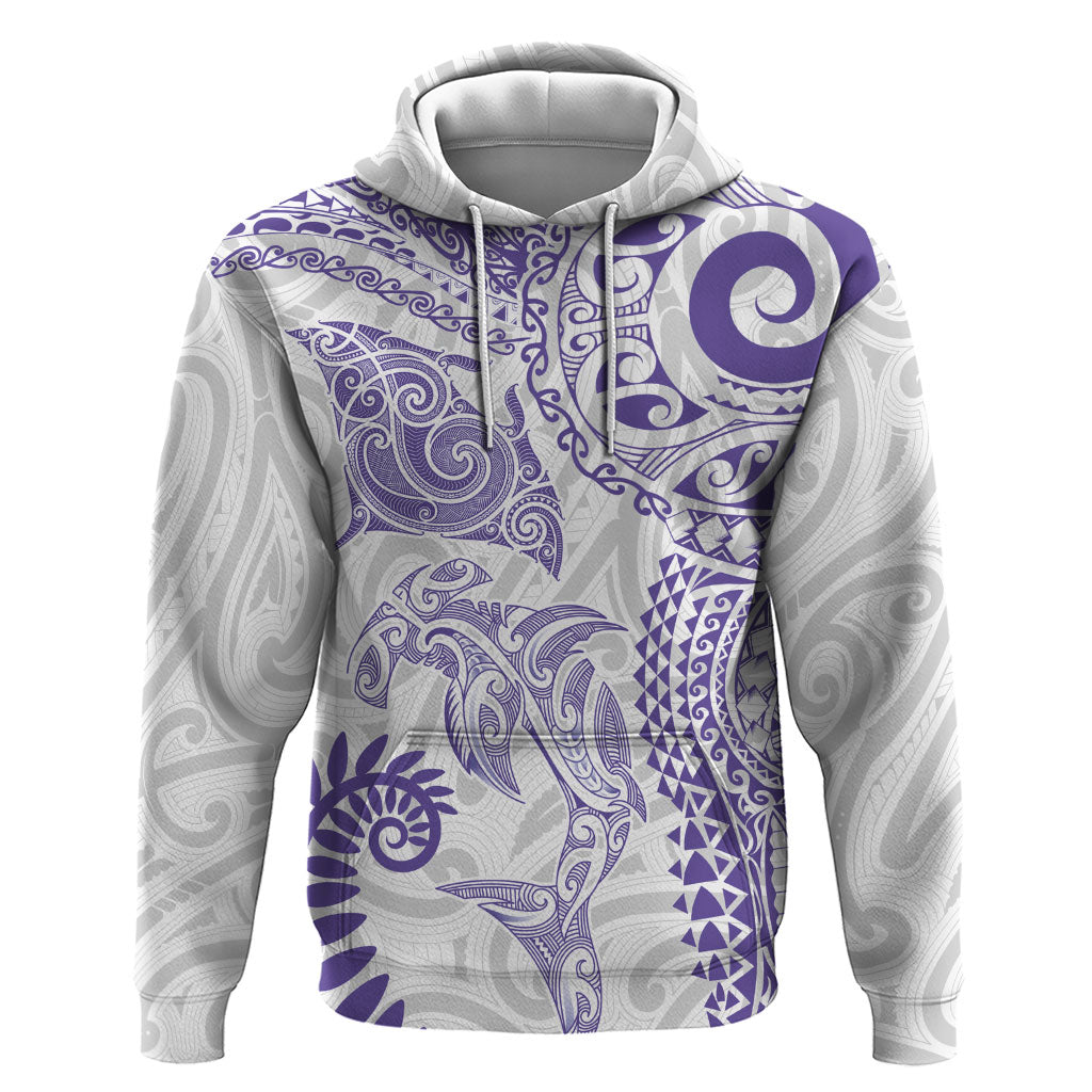 Aotearoa Maori Sea Animals Tribal Zip Hoodie Manta Ray and Shark Moko Pattern Purple Color