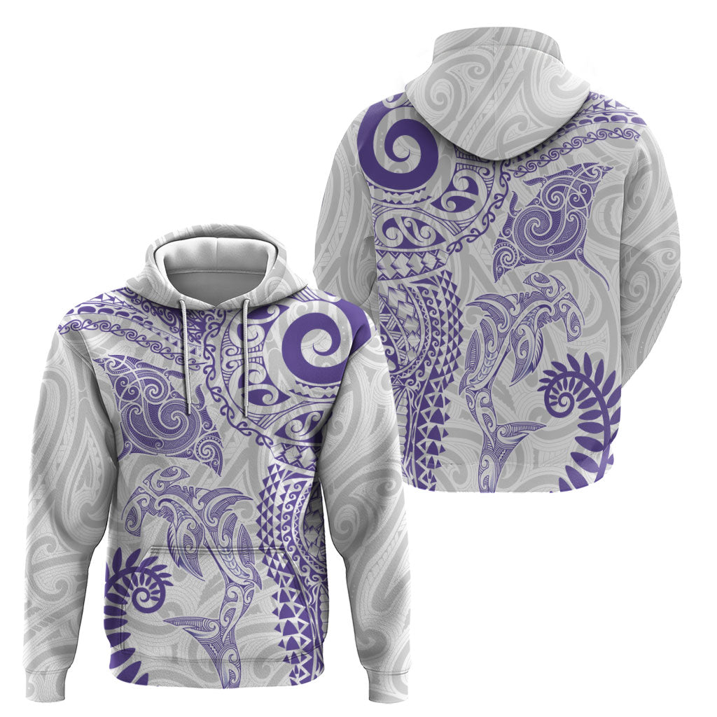 Aotearoa Maori Sea Animals Tribal Zip Hoodie Manta Ray and Shark Moko Pattern Purple Color