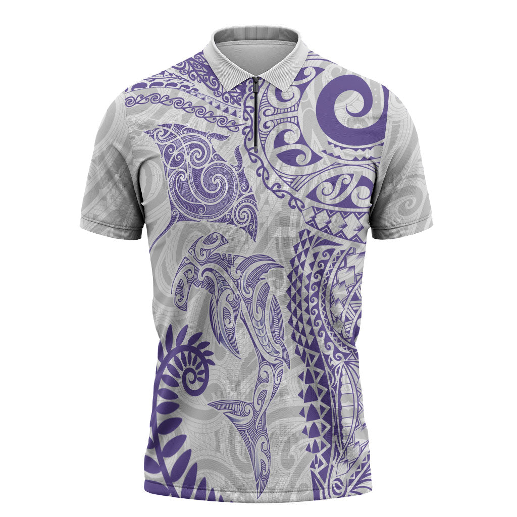 Aotearoa Maori Sea Animals Tribal Zipper Polo Shirt Manta Ray and Shark Moko Pattern Purple Color LT03 Purple - Polynesian Pride