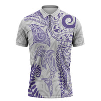Aotearoa Maori Sea Animals Tribal Zipper Polo Shirt Manta Ray and Shark Moko Pattern Purple Color