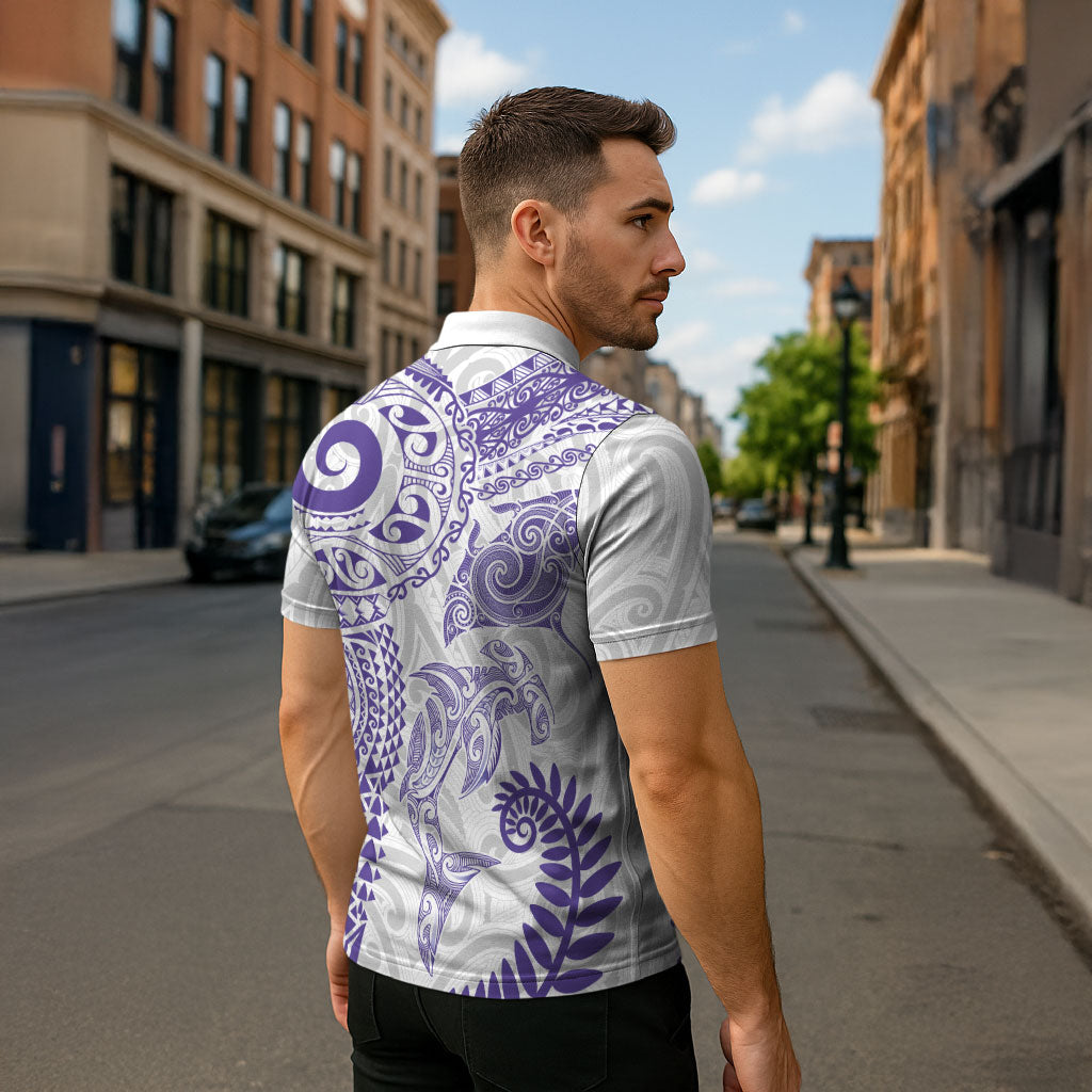 Aotearoa Maori Sea Animals Tribal Zipper Polo Shirt Manta Ray and Shark Moko Pattern Purple Color