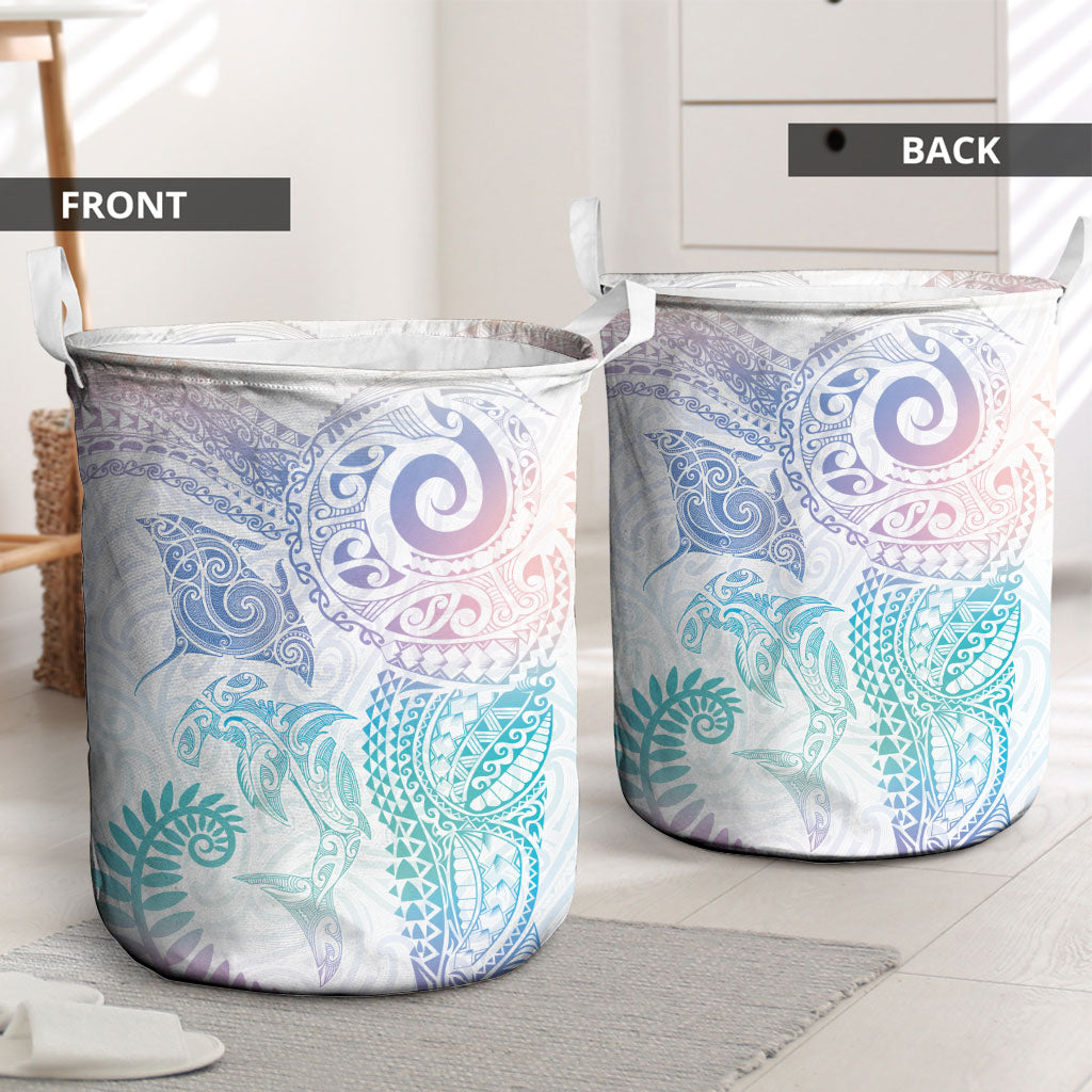 Aotearoa Maori Sea Animals Tribal Laundry Basket Manta Ray and Shark Moko Pattern Sweet Pastel LT03 - Polynesian Pride