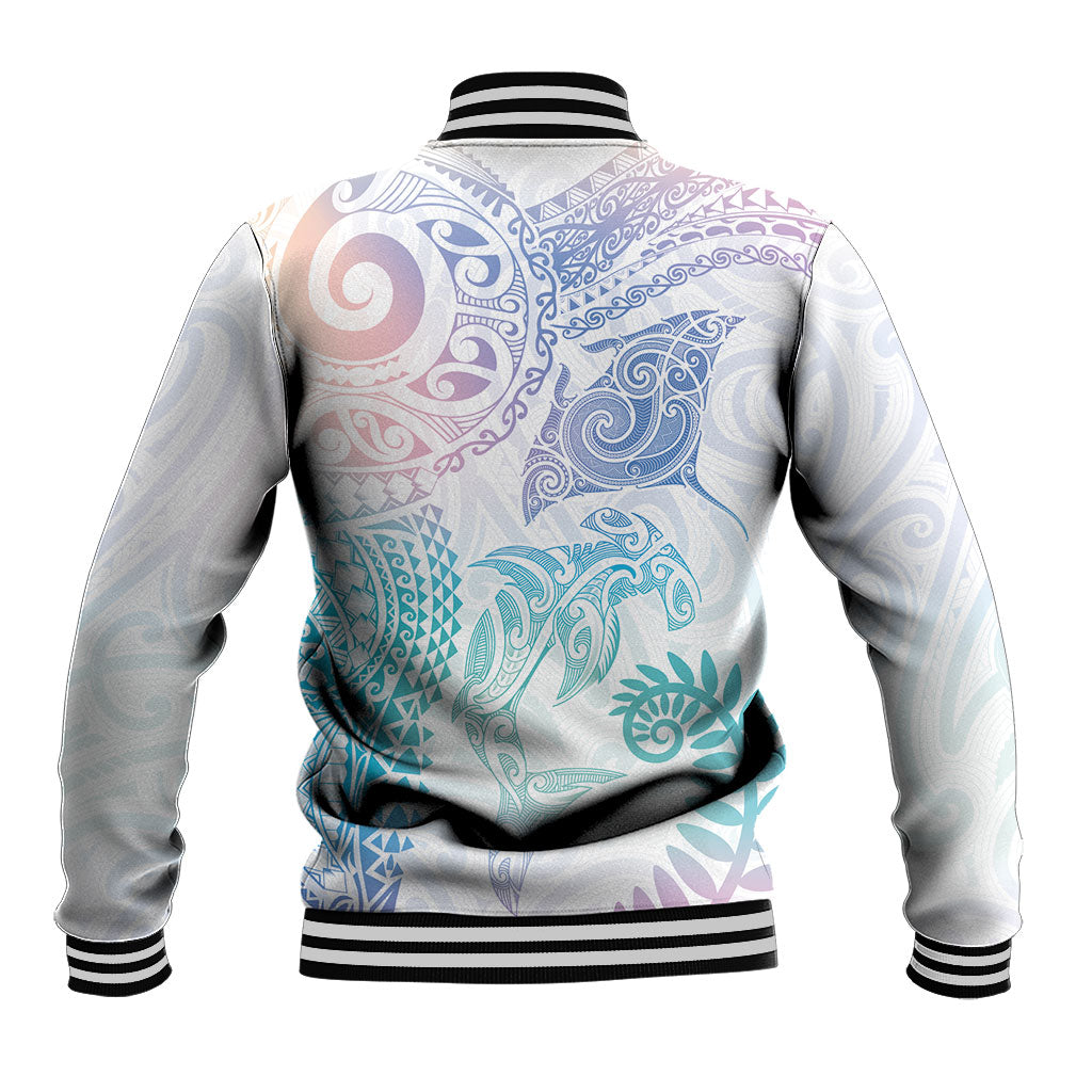 Aotearoa Maori Sea Animals Tribal Baseball Jacket Manta Ray and Shark Moko Pattern Sweet Pastel LT03 - Polynesian Pride