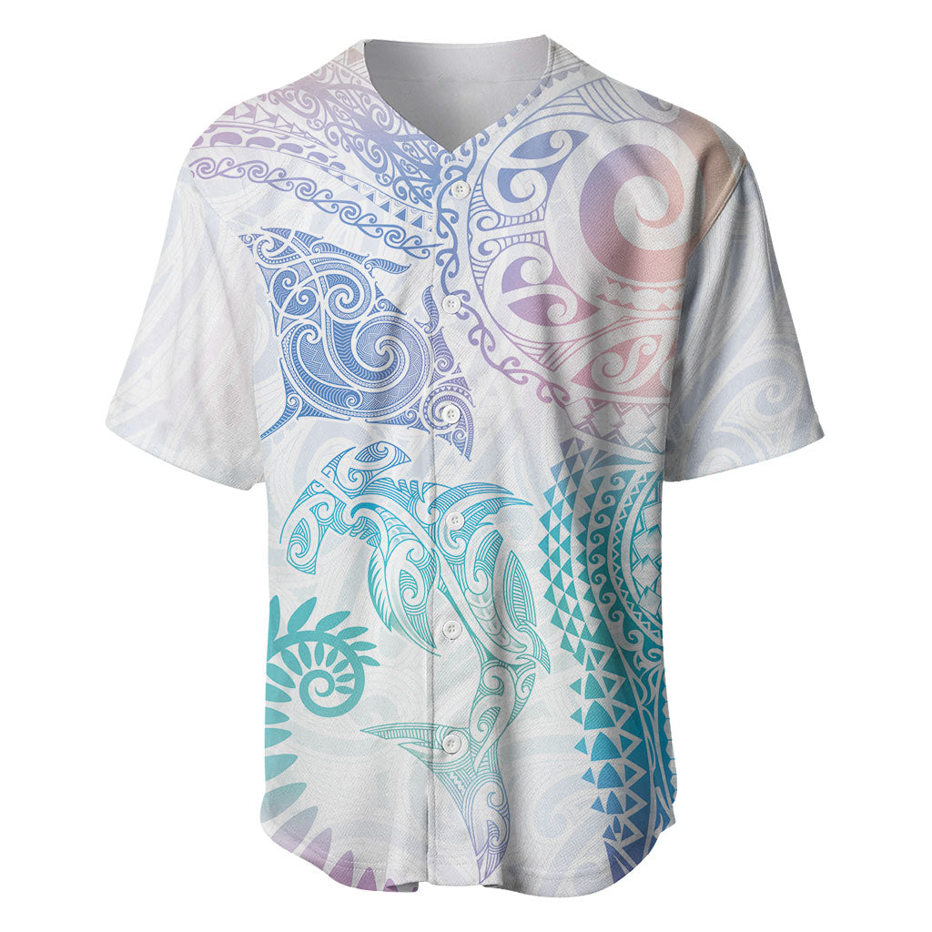 Aotearoa Maori Sea Animals Tribal Baseball Jersey Manta Ray and Shark Moko Pattern Sweet Pastel LT03 Multicolor - Polynesian Pride