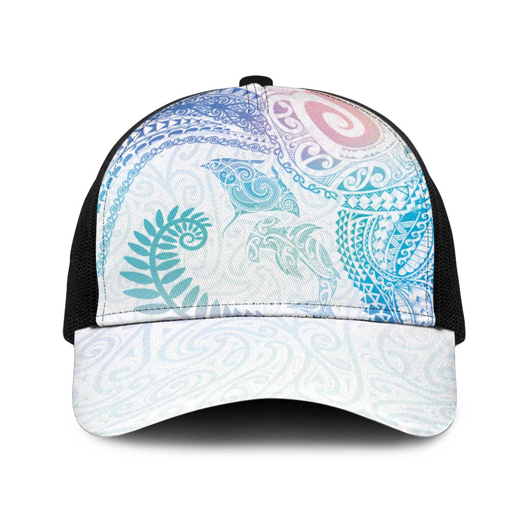 Aotearoa Maori Sea Animals Tribal Baseball Net Cap Manta Ray and Shark Moko Pattern Sweet Pastel LT03 One Size Black Multicolor - Polynesian Pride