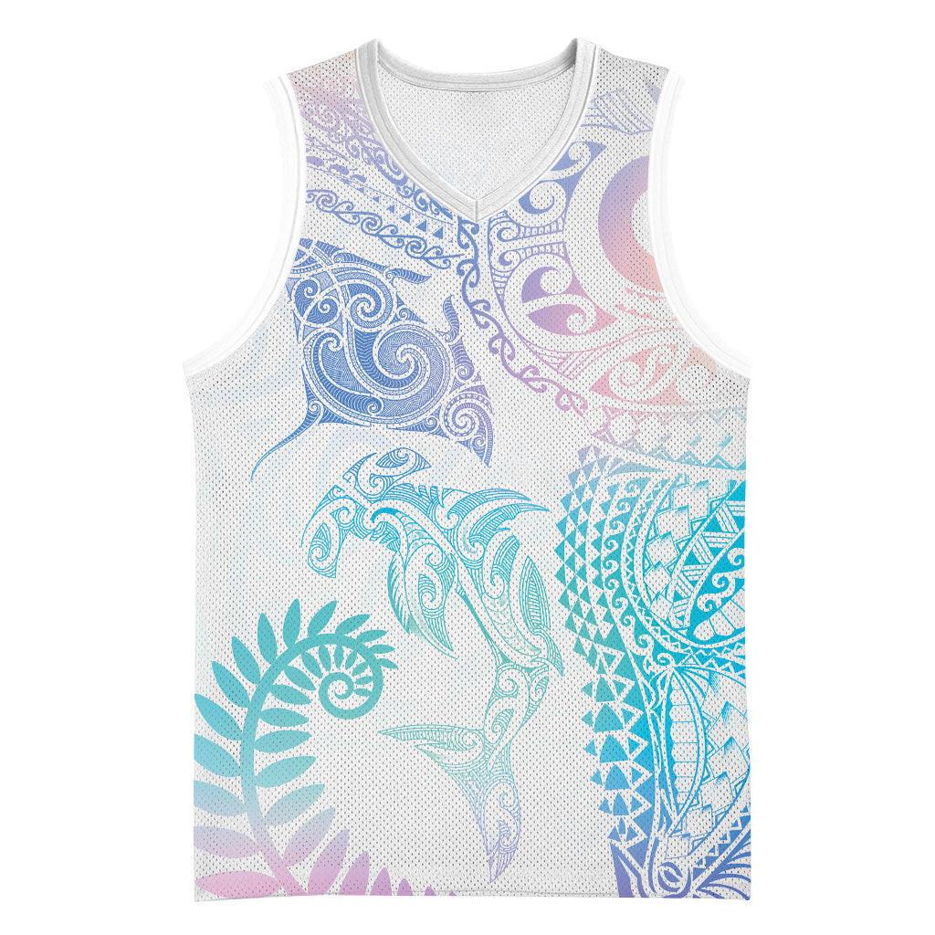 Aotearoa Maori Sea Animals Tribal Basketball Jersey Manta Ray and Shark Moko Pattern Sweet Pastel LT03 Unisex Multicolor - Polynesian Pride