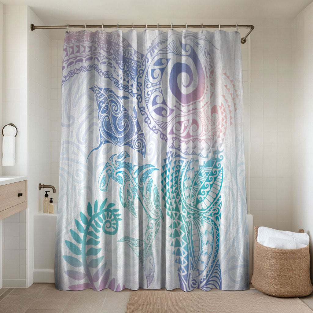 Aotearoa Maori Sea Animals Tribal Bathroom Set Manta Ray and Shark Moko Pattern Sweet Pastel LT03 Shower Curtain Only Multicolor - Polynesian Pride