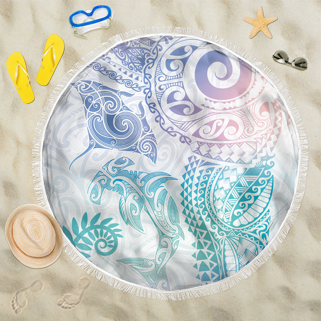 Aotearoa Maori Sea Animals Tribal Beach Blanket Manta Ray and Shark Moko Pattern Sweet Pastel LT03 One Size 150cm Multicolor - Polynesian Pride