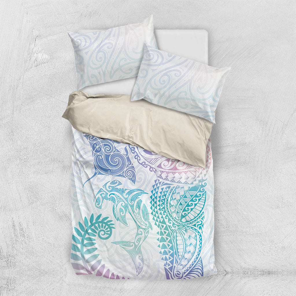 Aotearoa Maori Sea Animals Tribal Bedding Set Manta Ray and Shark Moko Pattern Sweet Pastel LT03 US Twin 172cm x 218cm Multicolor - Polynesian Pride
