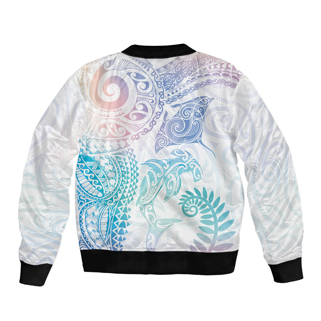 Aotearoa Maori Sea Animals Tribal Bomber Jacket Manta Ray and Shark Moko Pattern Sweet Pastel