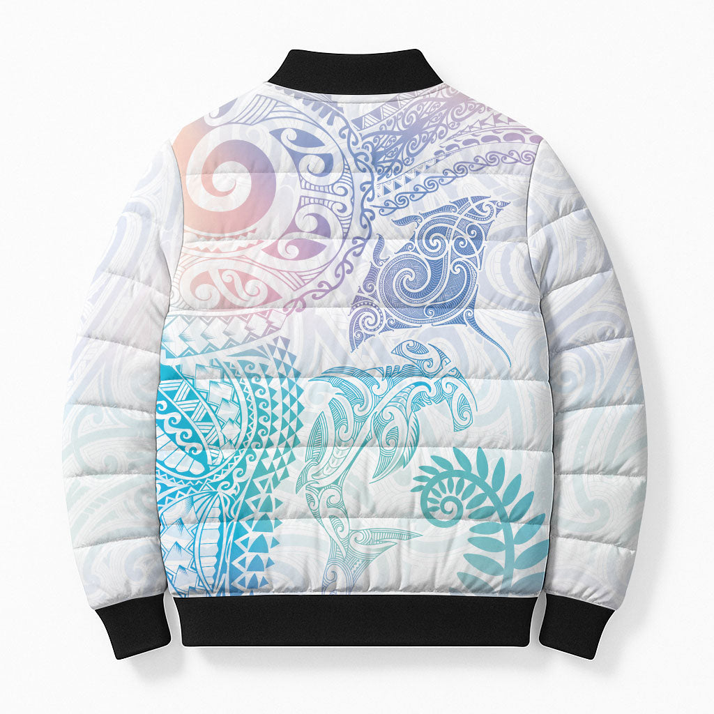 Aotearoa Maori Sea Animals Tribal Bomber Puffer Jacket Manta Ray and Shark Moko Pattern Sweet Pastel LT03 - Polynesian Pride