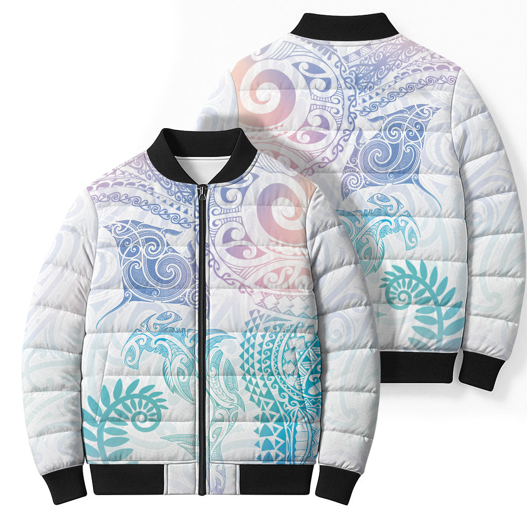 Aotearoa Maori Sea Animals Tribal Bomber Puffer Jacket Manta Ray and Shark Moko Pattern Sweet Pastel LT03 - Polynesian Pride