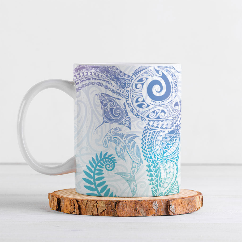 Aotearoa Maori Sea Animals Tribal Ceramic Mug Manta Ray and Shark Moko Pattern Sweet Pastel LT03 Multicolor - Polynesian Pride