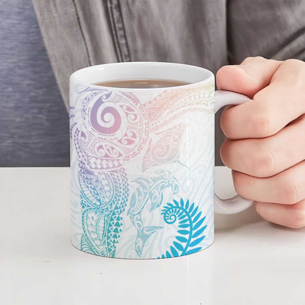 Aotearoa Maori Sea Animals Tribal Ceramic Mug Manta Ray and Shark Moko Pattern Sweet Pastel LT03 - Polynesian Pride