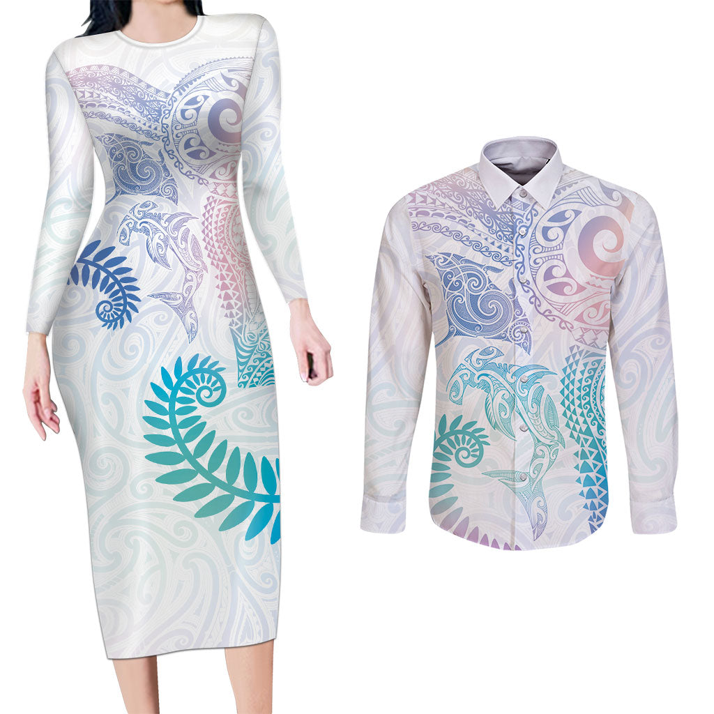 Aotearoa Maori Sea Animals Tribal Couples Matching Long Sleeve Bodycon Dress and Long Sleeve Button Shirt Manta Ray and Shark Moko Pattern Sweet Pastel LT03 Multicolor - Polynesian Pride
