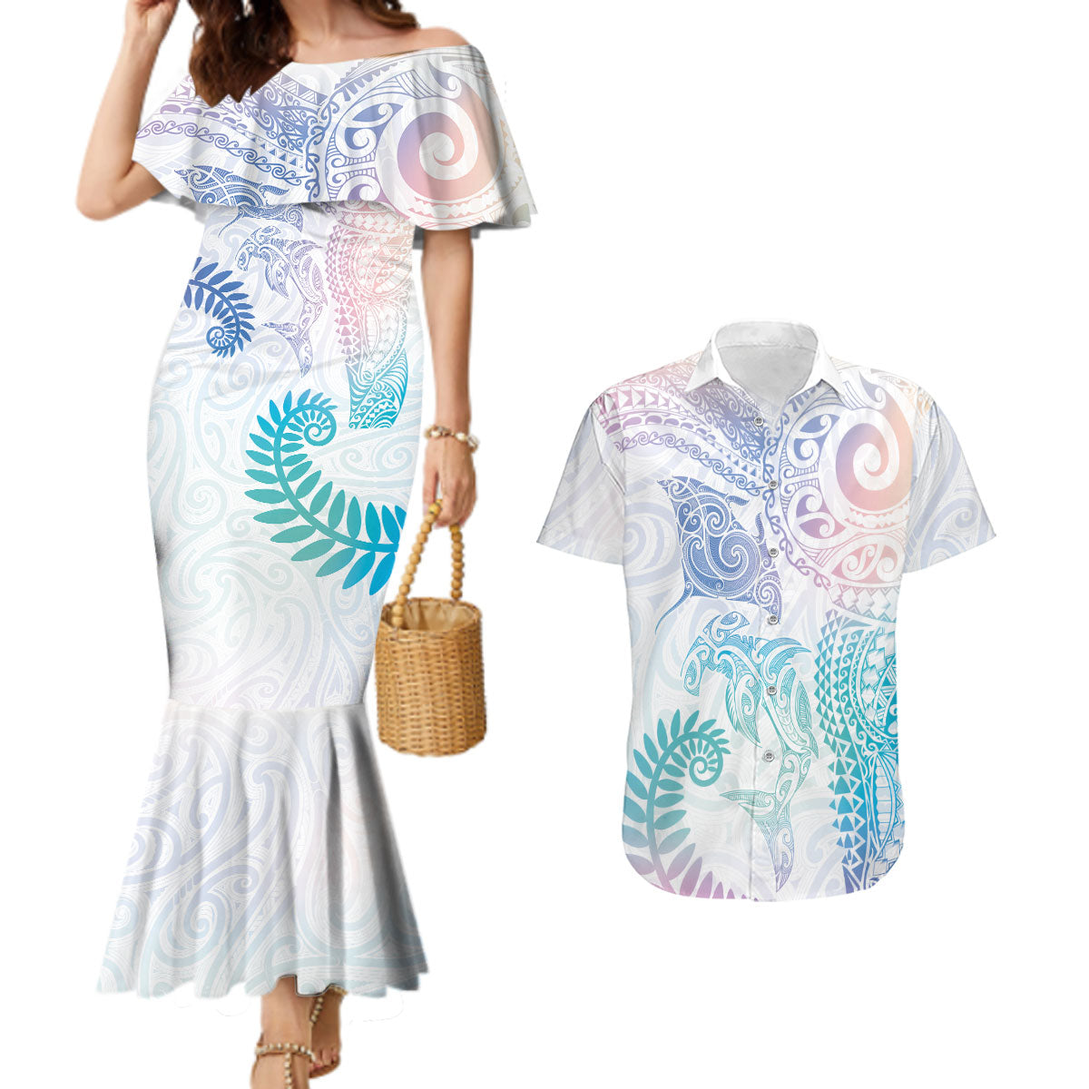 Aotearoa Maori Sea Animals Tribal Couples Matching Mermaid Dress and Hawaiian Shirt Manta Ray and Shark Moko Pattern Sweet Pastel LT03 Multicolor - Polynesian Pride