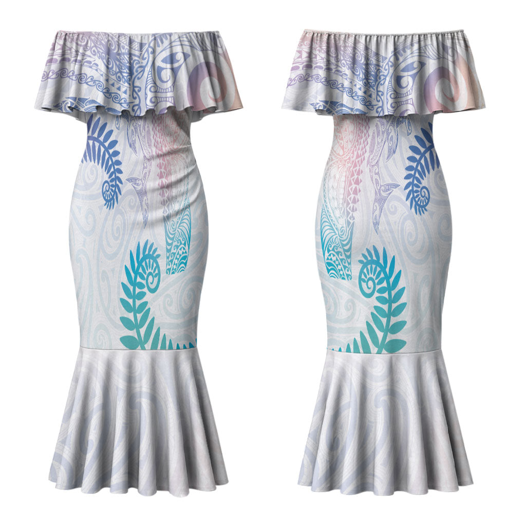 Aotearoa Maori Sea Animals Tribal Couples Matching Mermaid Dress and Long Sleeve Button Shirt Manta Ray and Shark Moko Pattern Sweet Pastel LT03 - Polynesian Pride