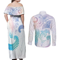 Aotearoa Maori Sea Animals Tribal Couples Matching Off Shoulder Maxi Dress and Long Sleeve Button Shirt Manta Ray and Shark Moko Pattern Sweet Pastel