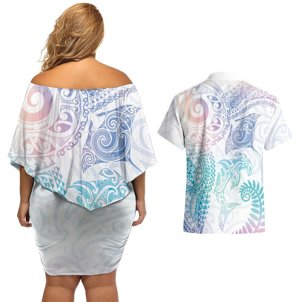 Aotearoa Maori Sea Animals Tribal Couples Matching Off Shoulder Short Dress and Hawaiian Shirt Manta Ray and Shark Moko Pattern Sweet Pastel