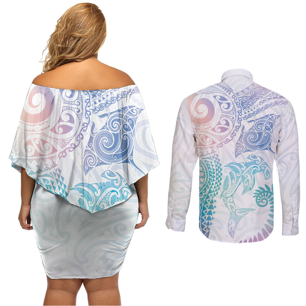 Aotearoa Maori Sea Animals Tribal Couples Matching Off Shoulder Short Dress and Long Sleeve Button Shirt Manta Ray and Shark Moko Pattern Sweet Pastel