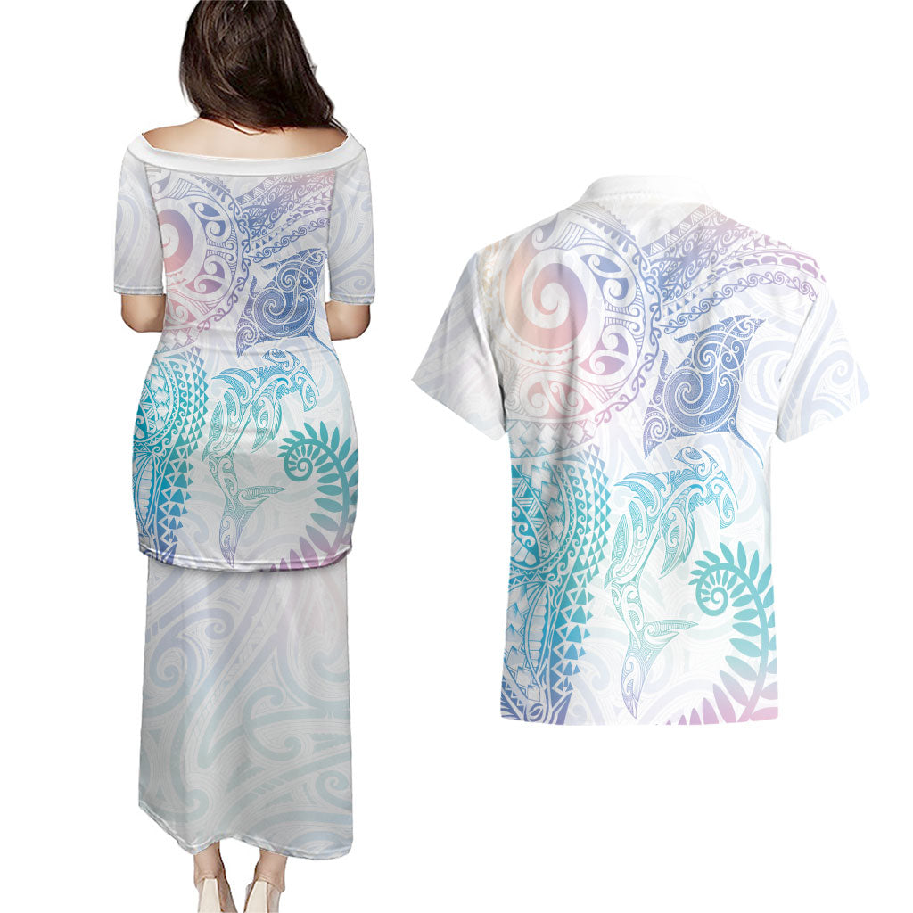 Aotearoa Maori Sea Animals Tribal Couples Matching Puletasi and Hawaiian Shirt Manta Ray and Shark Moko Pattern Sweet Pastel