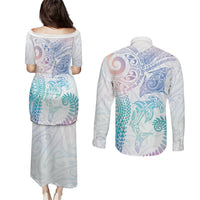 Aotearoa Maori Sea Animals Tribal Couples Matching Puletasi and Long Sleeve Button Shirt Manta Ray and Shark Moko Pattern Sweet Pastel