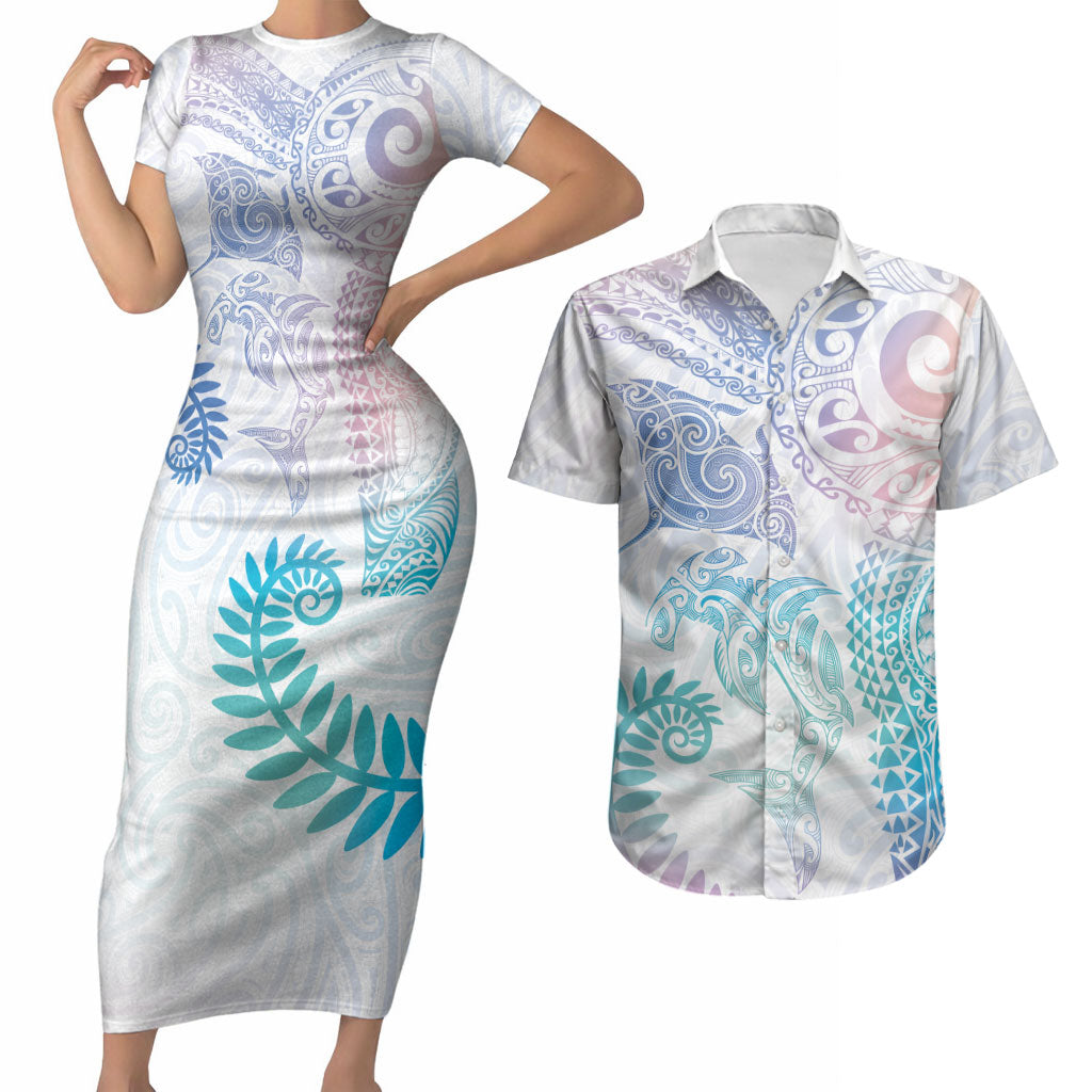 Aotearoa Maori Sea Animals Tribal Couples Matching Short Sleeve Bodycon Dress and Hawaiian Shirt Manta Ray and Shark Moko Pattern Sweet Pastel LT03 Multicolor - Polynesian Pride