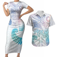 Aotearoa Maori Sea Animals Tribal Couples Matching Short Sleeve Bodycon Dress and Hawaiian Shirt Manta Ray and Shark Moko Pattern Sweet Pastel LT03 Multicolor - Polynesian Pride