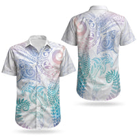 Aotearoa Maori Sea Animals Tribal Couples Matching Short Sleeve Bodycon Dress and Hawaiian Shirt Manta Ray and Shark Moko Pattern Sweet Pastel LT03 - Polynesian Pride