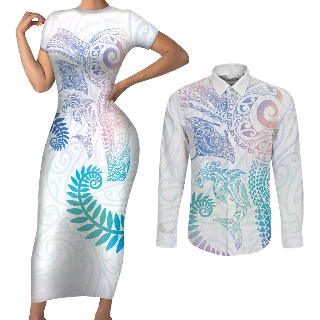 Aotearoa Maori Sea Animals Tribal Couples Matching Short Sleeve Bodycon Dress and Long Sleeve Button Shirt Manta Ray and Shark Moko Pattern Sweet Pastel