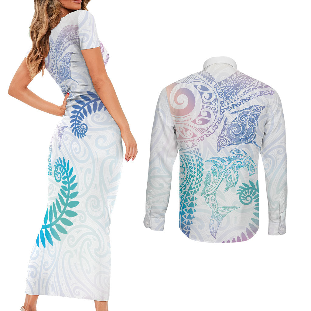 Aotearoa Maori Sea Animals Tribal Couples Matching Short Sleeve Bodycon Dress and Long Sleeve Button Shirt Manta Ray and Shark Moko Pattern Sweet Pastel