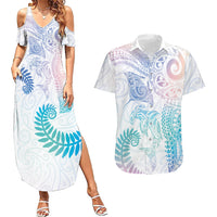 Aotearoa Maori Sea Animals Tribal Couples Matching Summer Maxi Dress and Hawaiian Shirt Manta Ray and Shark Moko Pattern Sweet Pastel