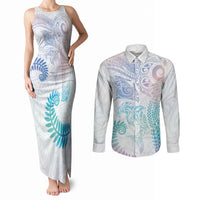 Aotearoa Maori Sea Animals Tribal Couples Matching Tank Maxi Dress and Long Sleeve Button Shirt Manta Ray and Shark Moko Pattern Sweet Pastel LT03 Multicolor - Polynesian Pride