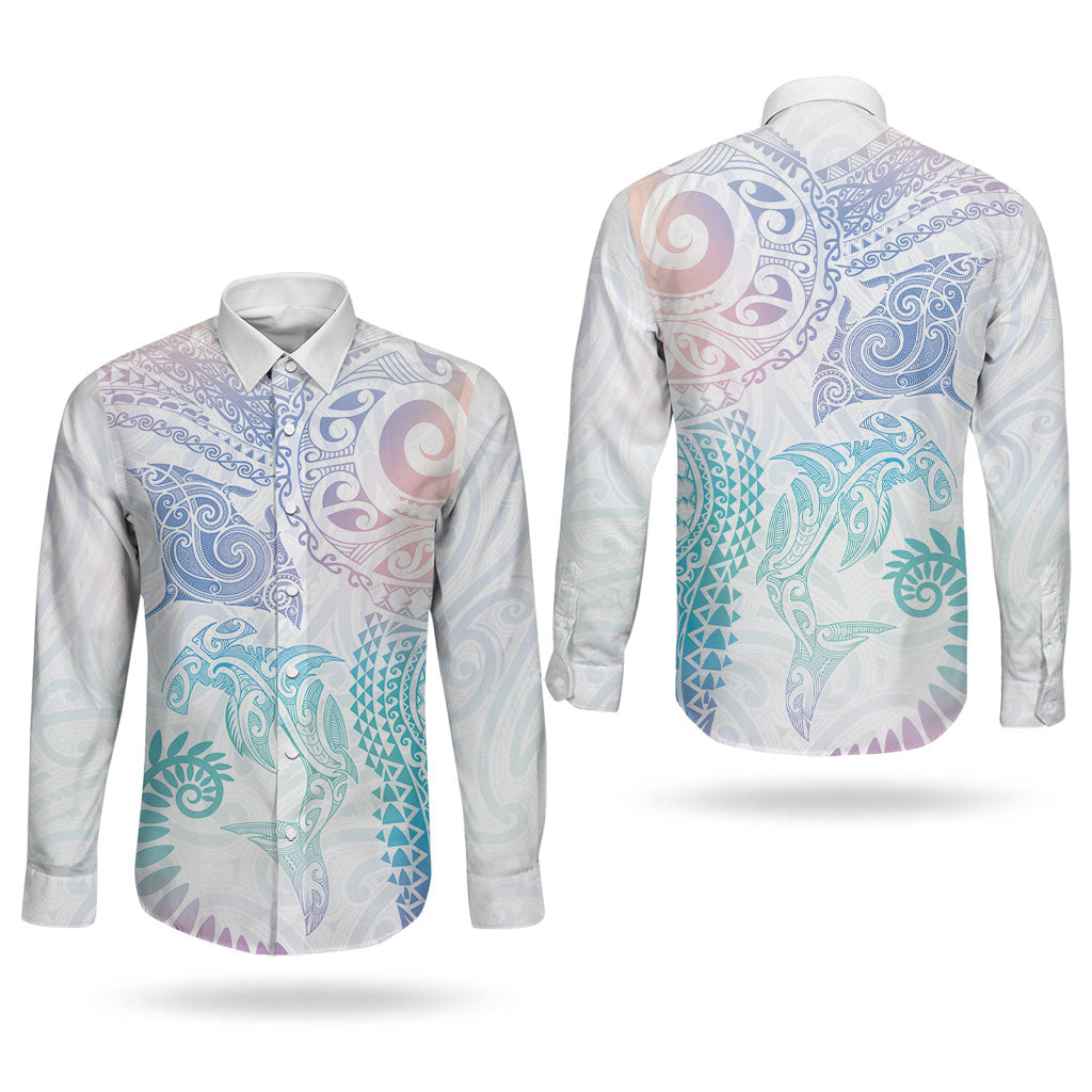 Aotearoa Maori Sea Animals Tribal Couples Matching Tank Maxi Dress and Long Sleeve Button Shirt Manta Ray and Shark Moko Pattern Sweet Pastel LT03 - Polynesian Pride