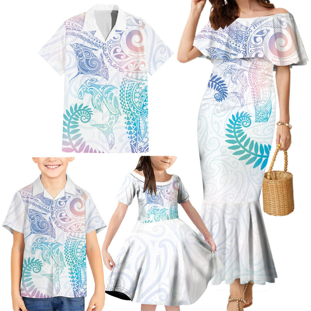 Aotearoa Maori Sea Animals Tribal Family Matching Mermaid Dress and Hawaiian Shirt Manta Ray and Shark Moko Pattern Sweet Pastel LT03 - Polynesian Pride