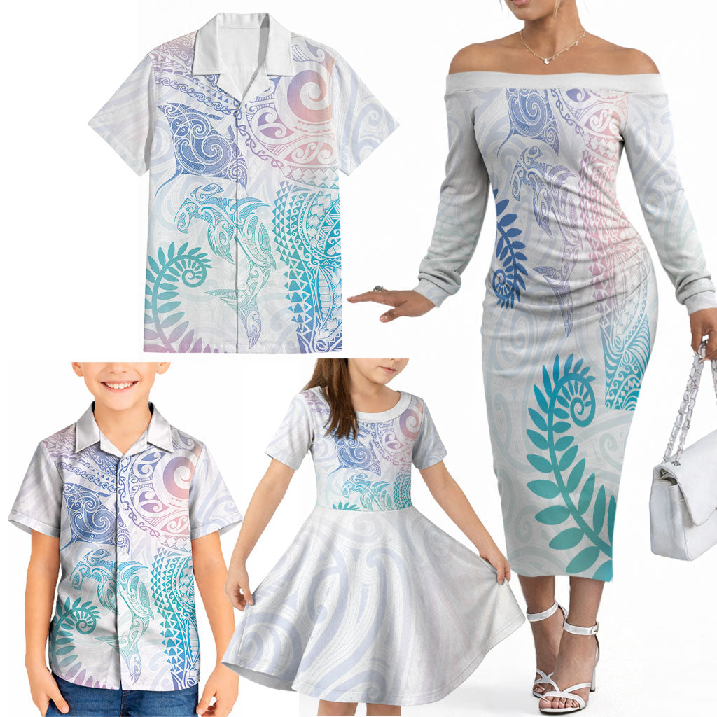 Aotearoa Maori Sea Animals Tribal Family Matching Off The Shoulder Long Sleeve Dress and Hawaiian Shirt Manta Ray and Shark Moko Pattern Sweet Pastel LT03 - Polynesian Pride