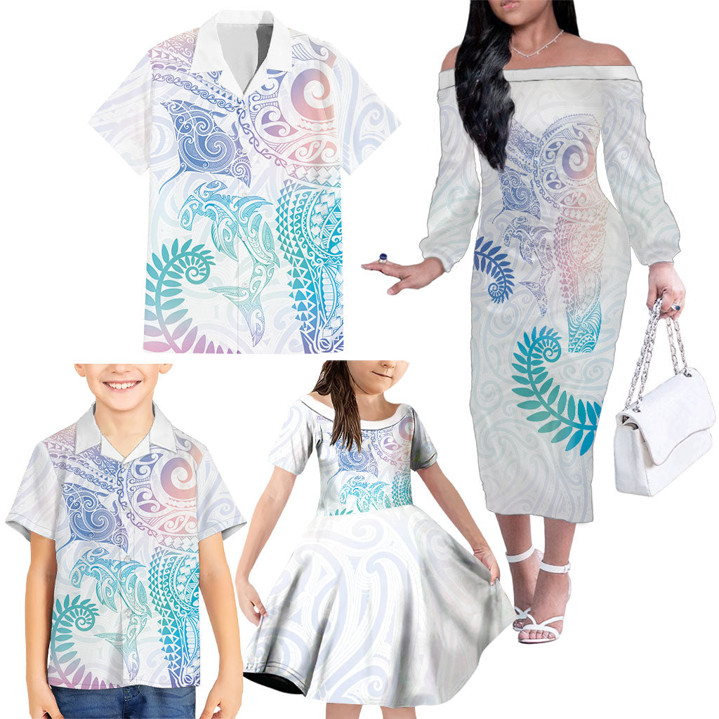 Aotearoa Maori Sea Animals Tribal Family Matching Off The Shoulder Long Sleeve Dress and Hawaiian Shirt Manta Ray and Shark Moko Pattern Sweet Pastel LT03 - Polynesian Pride