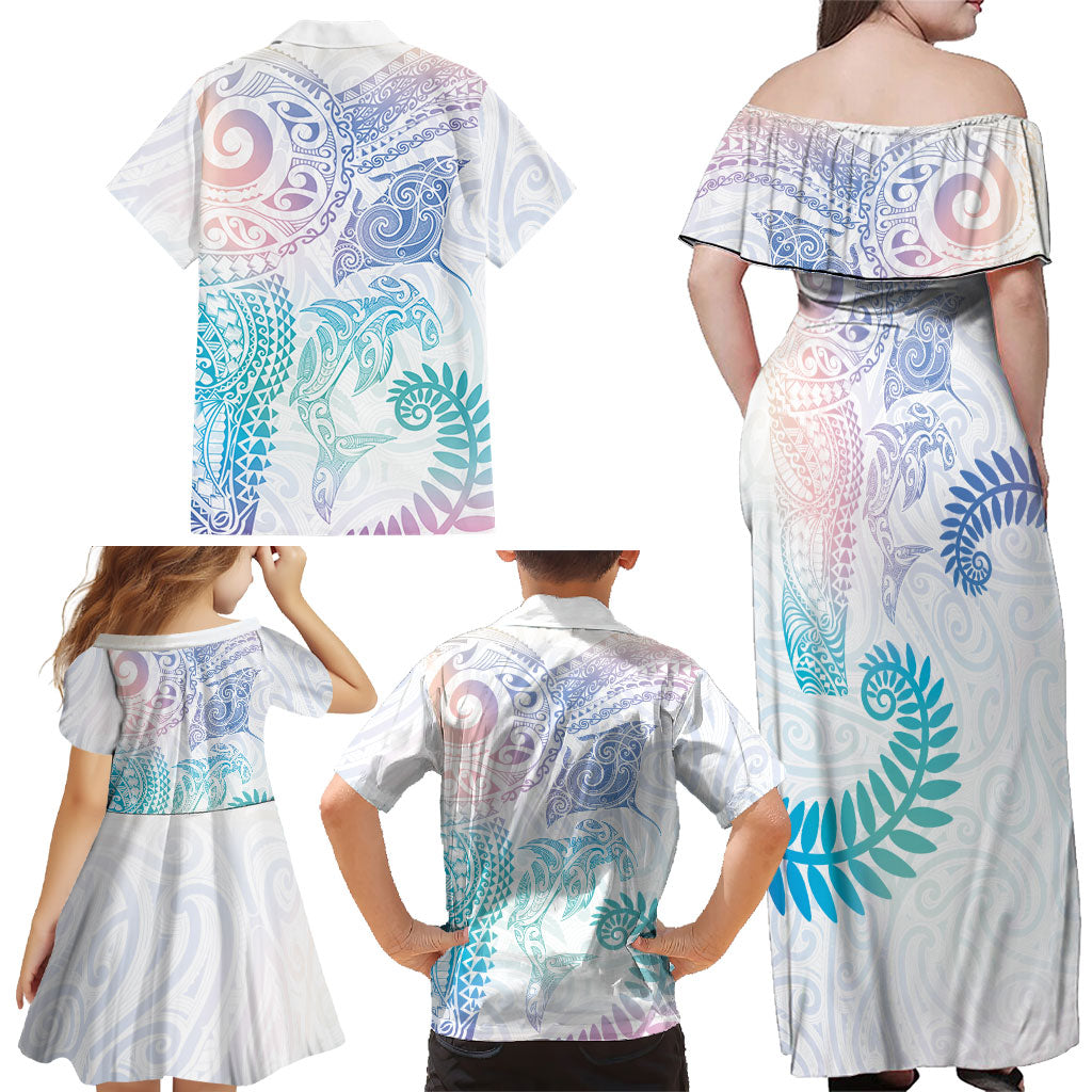 Aotearoa Maori Sea Animals Tribal Family Matching Off Shoulder Maxi Dress and Hawaiian Shirt Manta Ray and Shark Moko Pattern Sweet Pastel
